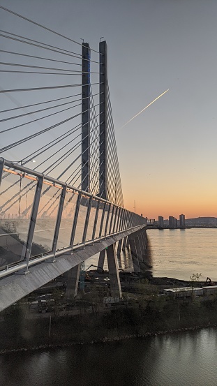 View of the cable-stayed structure of the new Samuel de Champlain Bridge linking Montreal and Brossard.