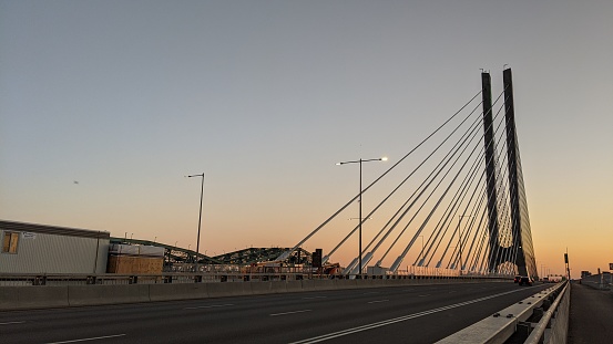 View of the cable-stayed structure of the new Samuel de Champlain Bridge linking Montreal and Brossard.