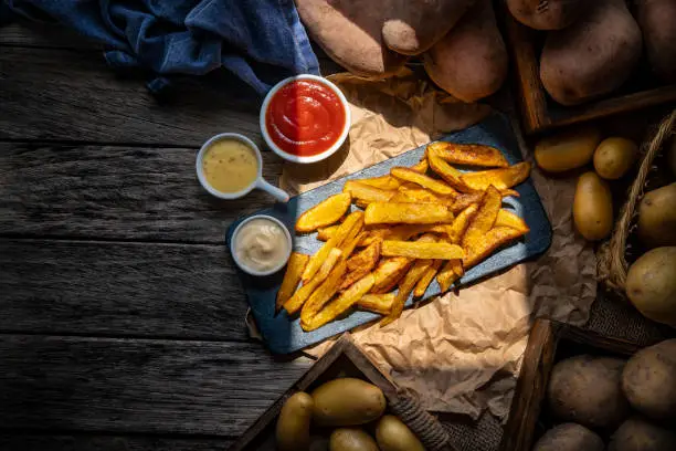 French fries potatoes homemade on a rustic wooden board table with raw potatoes around and sauces ketchup mustard and mayonnaise