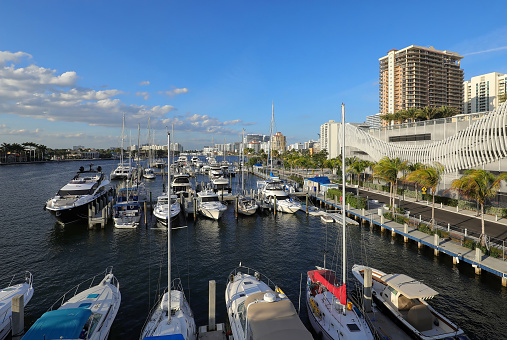 Aerial view of boats docked at a local marina close to the Las Olas Bridge and the Fort Lauderdale Beach.