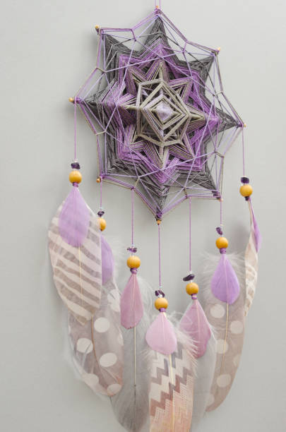 istock Mandala dream catcher with feathers and amethyst beads on grey background 1242367814