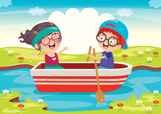 ilustrações de stock, clip art, desenhos animados e ícones de cute little children on boat - cartoon little girls surfing child
