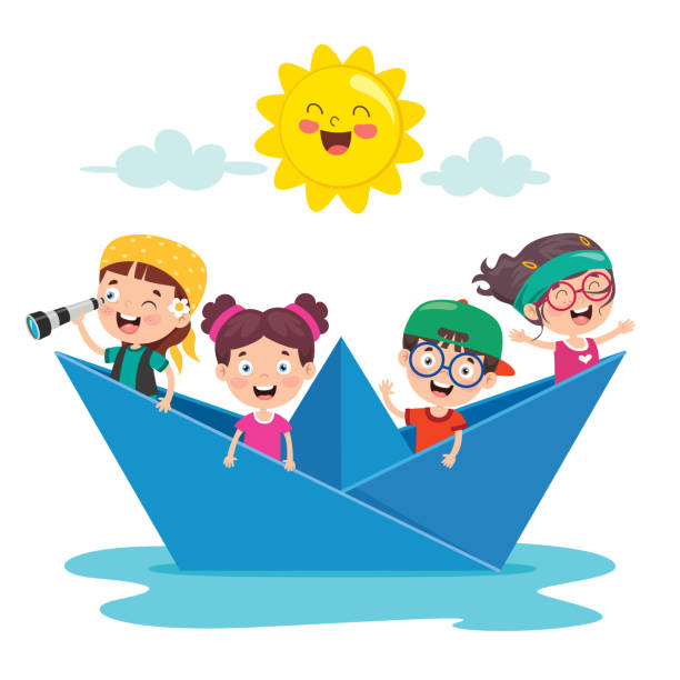 ilustrações de stock, clip art, desenhos animados e ícones de cute little children on boat - cartoon little girls surfing child