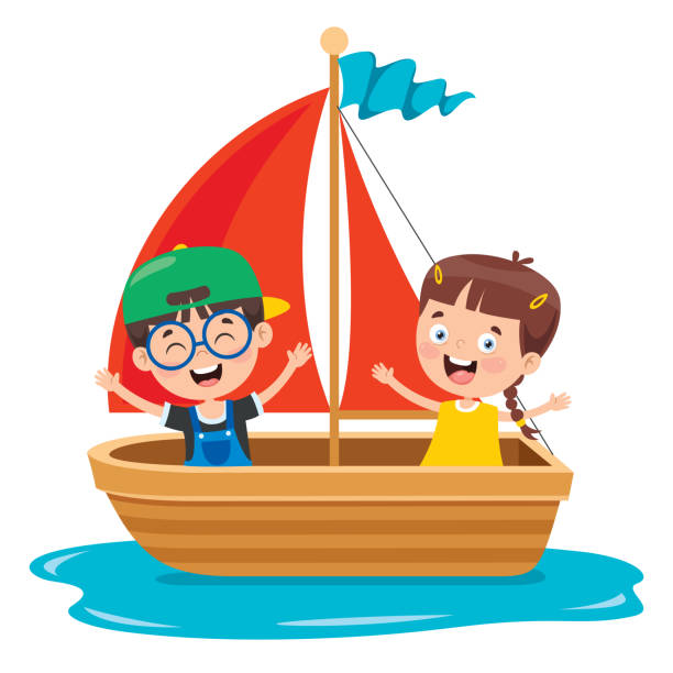 ilustrações de stock, clip art, desenhos animados e ícones de cute little children on boat - cartoon little girls surfing child