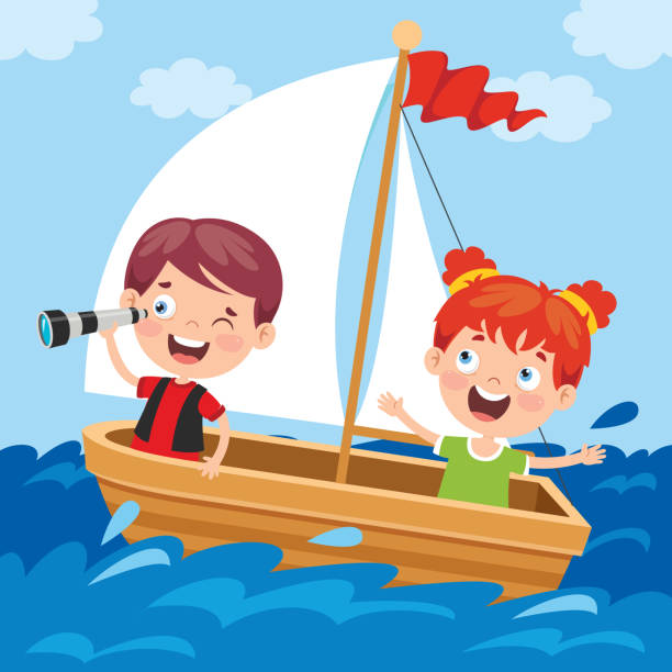 illustrazioni stock, clip art, cartoni animati e icone di tendenza di bambini carini in barca - nautical vessel fishing child image