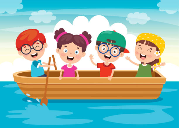 ilustrações de stock, clip art, desenhos animados e ícones de cute little children on boat - cartoon little girls surfing child