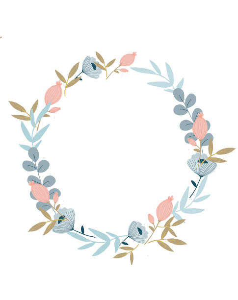 bildbanksillustrationer, clip art samt tecknat material och ikoner med illustration design av en krans av blad och rosa eukalyptus blommor. ritad för hand, i mitten och placera för text på en vit bakgrund. för att skapa kort, inbjudningar, bröllop mönster och hälsning - blomkrona