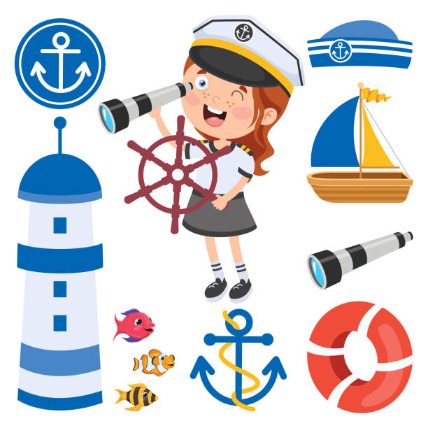 illustrazioni stock, clip art, cartoni animati e icone di tendenza di bambini carini in uniforme da marinaio - nautical vessel fishing child image