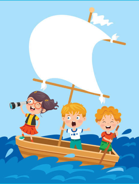 ilustrações de stock, clip art, desenhos animados e ícones de cute little children on boat - cartoon little girls surfing child