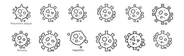 Vector illustration of set of 12 thin outline icons such as rotavirus, autoimmune disease, african swine fever, adenoids, sars, prostate cancer for web, mobile