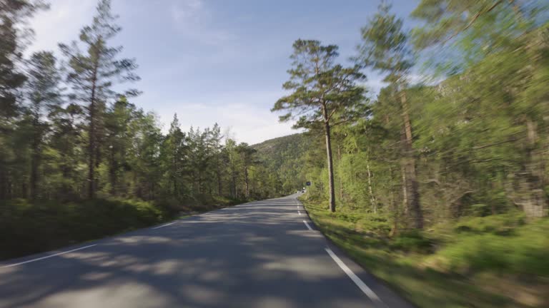 POV car driving by the fjords of Norway: outdoor on the road to Preikestolen