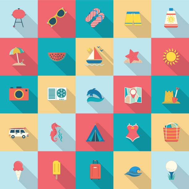 Summer icons With Shadows Summer  icon with long side shadow. Flat design style. Easy to edit or change colors. EPS file is CMYK and comes with a large high resolution jpeg. bathing suit stock illustrations