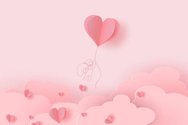 ilustrações de stock, clip art, desenhos animados e ícones de heart flying balloon with drawing santa claus on pink background. vector love postcard for happy valentine day or merry christmas greeting card design. paper flying elements of love shape of heart - vector valentine card craft valentines day