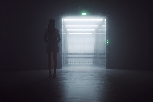 Woman standing in front of elevator at night, 3D generated image.