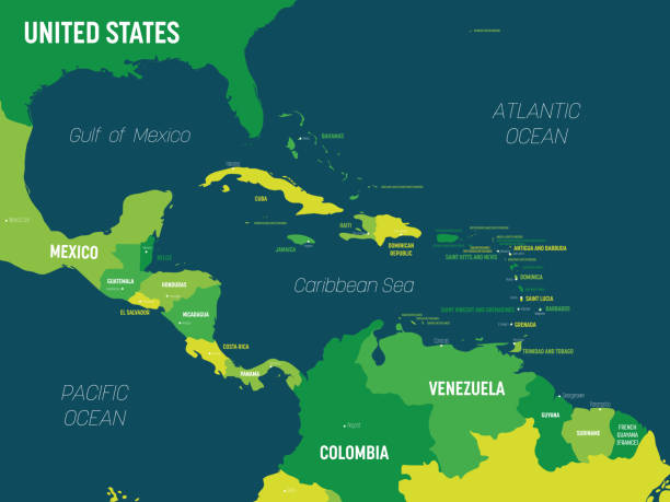 illustrazioni stock, clip art, cartoni animati e icone di tendenza di mappa dell'america centrale - tonalità verde colorata su sfondo scuro. alta mappa politica dettagliata regione centroamericana e caraibica con nomi di paese, capitale, oceano e mare - hue