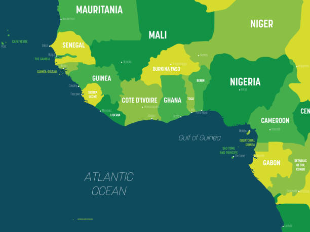 illustrations, cliparts, dessins animés et icônes de carte de l’afrique de l’ouest - teinte verte colorée sur fond foncé. carte politique détaillée élevée de l’afrique occidentale et de la région de la baie de guinée avec l’étiquetage des noms de pays, de capitale, d’océan et de mer - guinée