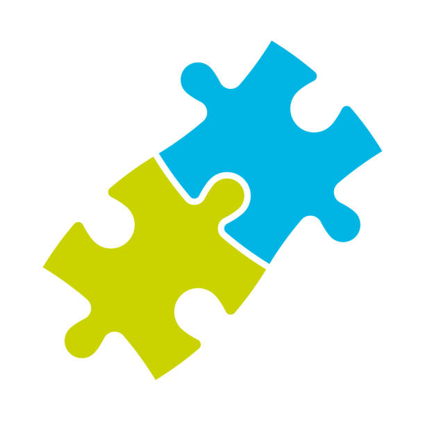 puzzle aus zwei teilen. team-kooperation, teamwork oder lösungs-business-thema. einfache flache vektor-illustration - geduldsspiel stock-grafiken, -clipart, -cartoons und -symbole