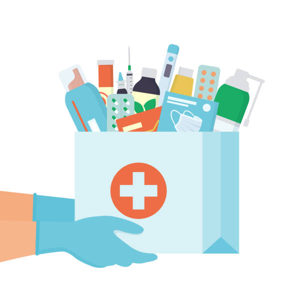 Hands in disposable gloves with paper bag with medicines, drugs, pills and bottles inside Hands in disposable gloves with paper bag with medicines, drugs, pills and bottles inside. Home delivery pharmacy service. Vector illustration in flat style on white background medical supplies stock illustrations