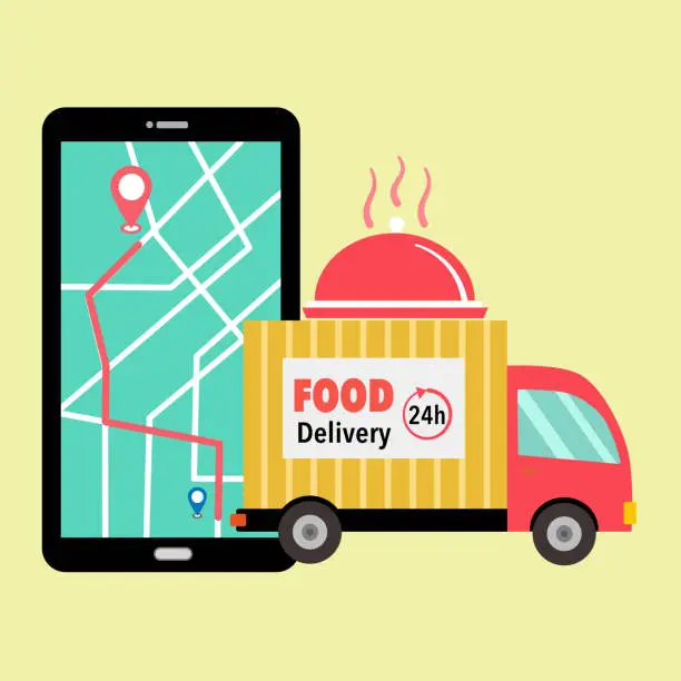 Vector illustration of Online food delivery service vector illustration. Uber eat, grab food, fast food design template for landing page, web, mobile app, poster, flyer