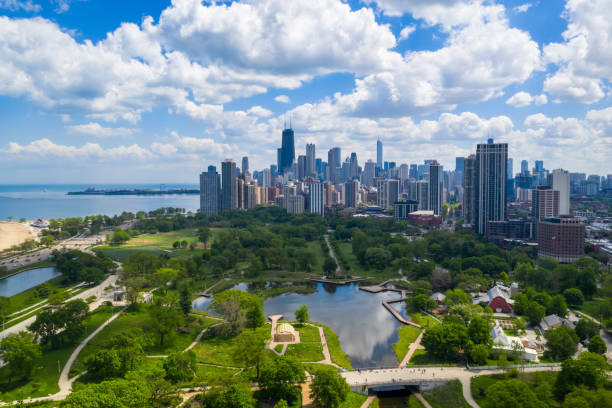 Lincoln Park, Chicago From Above Aerial View of Lincoln Park - Chicago, USA lake shore drive chicago stock pictures, royalty-free photos & images