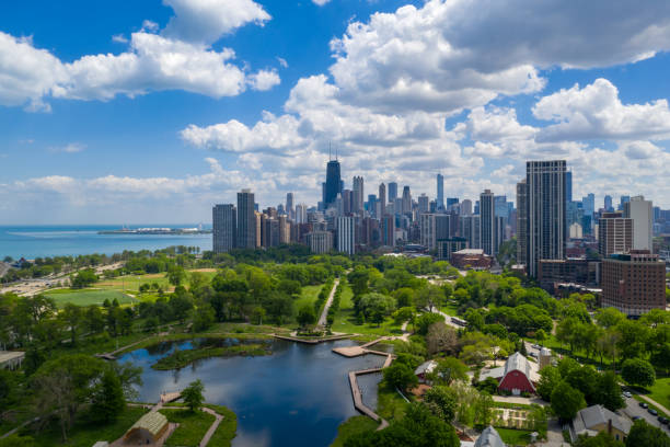 Aerial View of Lincoln Park - Chicago Aerial View of Lincoln Park - Chicago, USA lake shore drive chicago stock pictures, royalty-free photos & images