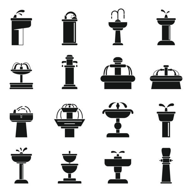 City drinking fountain icons set, simple style City drinking fountain icons set. Simple set of city drinking fountain vector icons for web design on white background fountains stock illustrations