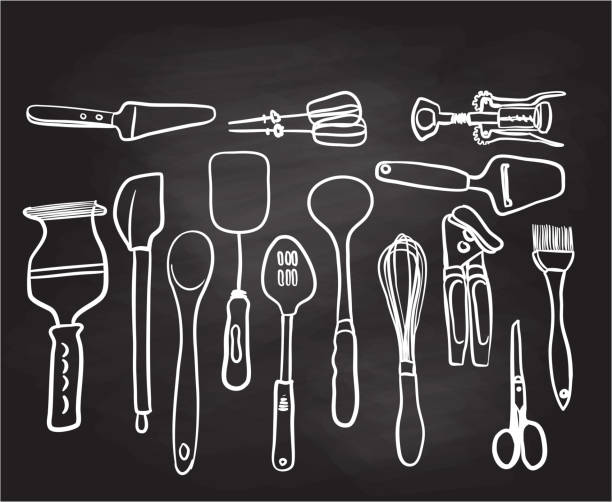 Cooking Ustensils Chalkboard Collection of kitchen accessories like spatulas, spoons, scissors, potato masher egg beaters, wine bottle opener, can opener, and more clip art of a potato masher stock illustrations