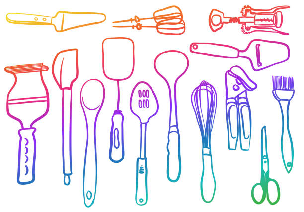Cooking Ustensils Rainbow Collection of kitchen accessories like spatulas, spoons, scissors, potato masher egg beaters, wine bottle opener, can opener, and more clip art of a potato masher stock illustrations
