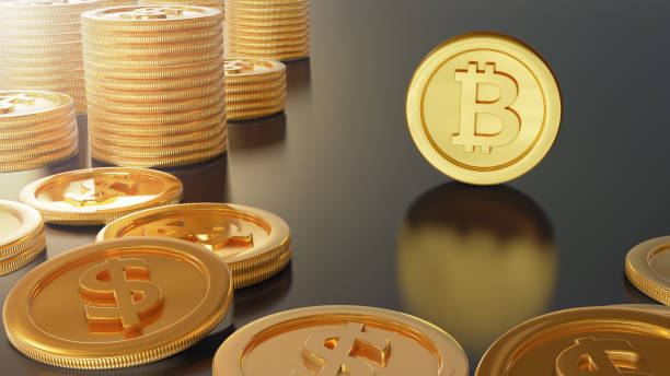 istock 3d rendering for Bitcoin Digital Currency , gold ,One bitcoin VS stack of dollar coins ,Cryptocurrency 1242621063