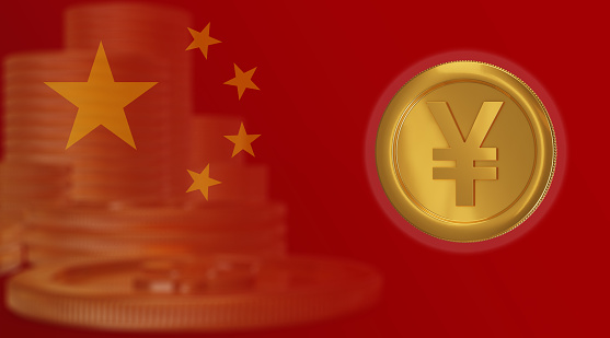 China's National Digital Currency DCEP (Digital Currency Electronic Payment), gold yuan coins with red flag of China background