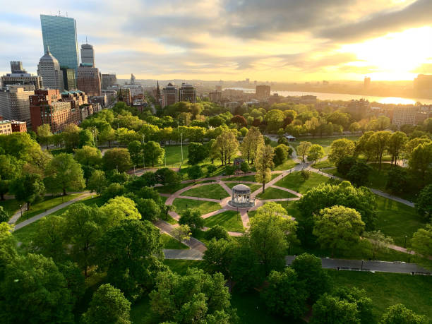 boston common - boston urban scene skyline sunset stock-fotos und bilder