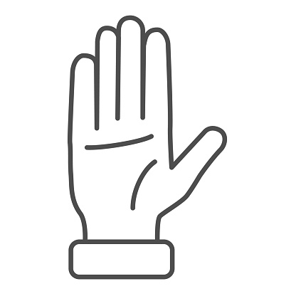 Raised hand thin line icon, gestures concept, open palm sign on white background, hand up icon in outline style for mobile concept and web design. Vector graphics