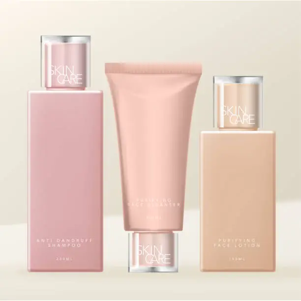 Vector illustration of Vector Toiletries, Skin Care or Beauty Dual Layers Transparent Cap Bottle & Tube Packaging, Nude Colors.