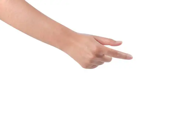 Close-up of woman's hand holding or turning something isolated on white background.