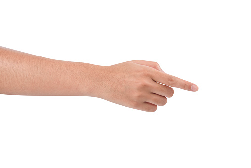 Señalando con el dedo de la mano, tocando o presionando sobre el fondo blanco aislado photo