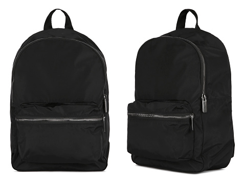 Black backpack on isolated background, bag front and side view