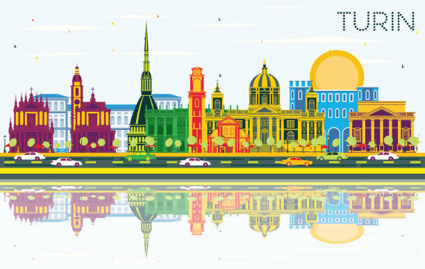 illustrazioni stock, clip art, cartoni animati e icone di tendenza di skyline della città di torino italia con edifici a colori, cielo blu e riflessi. - torino