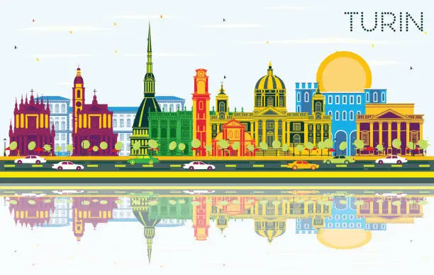 Vector illustration of Turin Italy City Skyline with Color Buildings, Blue Sky and Reflections.
