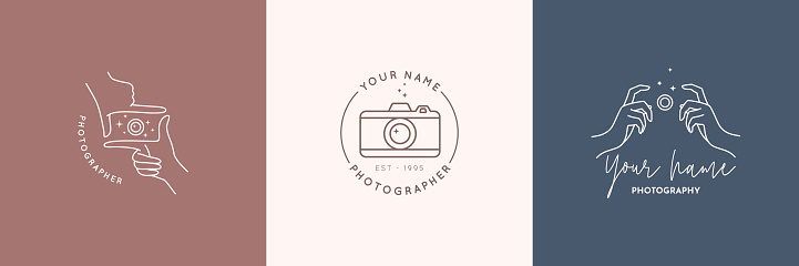 Linear emblem of the photographer. Women's Hands hold the camera shutter. Abstract symbol for a photo Studio in a simple minimalistic style. Vector , badge template for wedding photographer