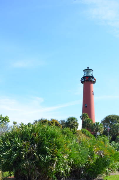 istock tall red lighthouse with green grass and trees 1242740145