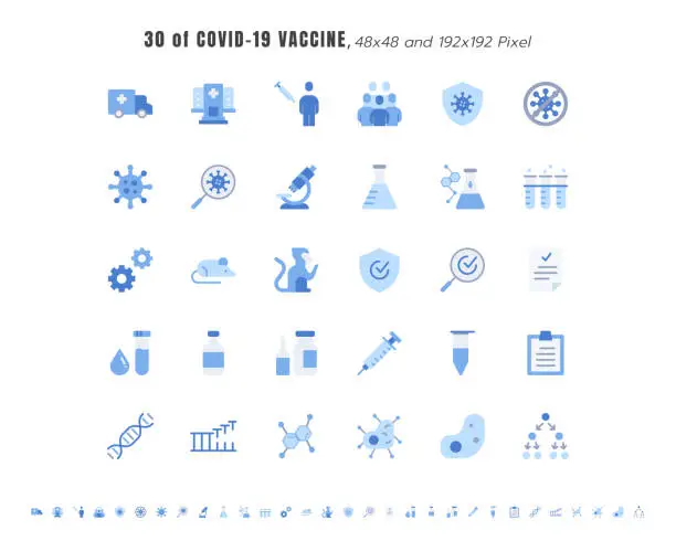 Vector illustration of Simple Set of Covid-19, Coronavirus Vaccine Development Flat Color Icons. such Icons as Clinical Research, Antibody, Laboratory, Immune, Treatment, Injection Syringe, 48x4 Pixel.