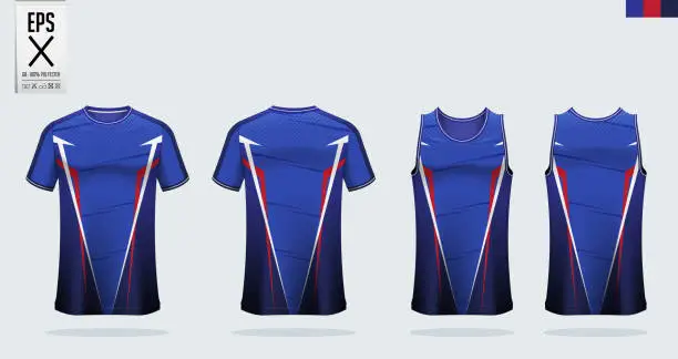 Vector illustration of T-shirt mockup or sport shirt template design for soccer jersey or football kit. Tank top for basketball jersey or running singlet. Blue Sport uniform in front view back view. Vector