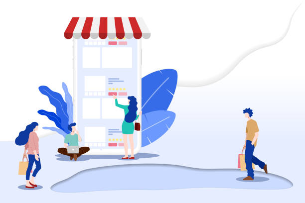 istock Modern flat design concept of people and Business Online Shopping for M-Commerce with decorated small people character. Landing page template for website and mobile website development UI, UX design. 1242755133