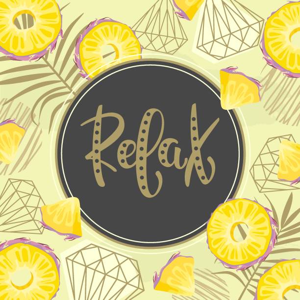istock Postcard with Fresh pineapple, tropical leaves, flowers, slices and geometry. Hand calligraphy 