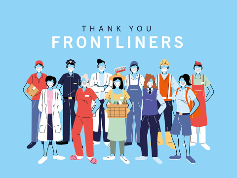 thank you essential workers, various occupations people wearing face masks vector illustration design
