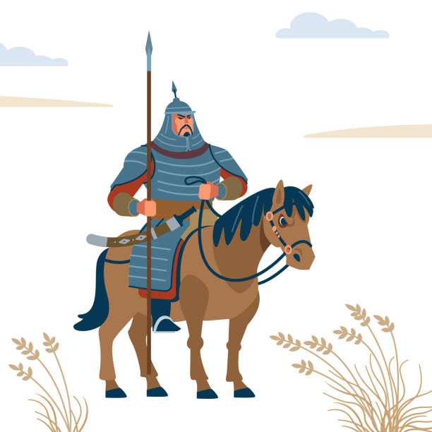 몽골 전사. 강한 전사 캐릭터 벡터 고립 플랫 스타일 일러스트. - knight warrior horse independent mongolia stock illustrations