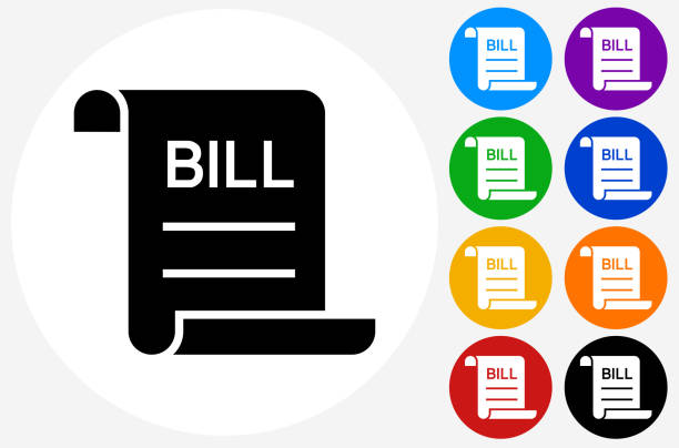 Simple Bill Icon Simple Bill Icon. This 100% royalty free vector illustration is featuring a white round button with a black icon. There are 5 additional alternative variations in different colors on the right. bill legislation stock illustrations