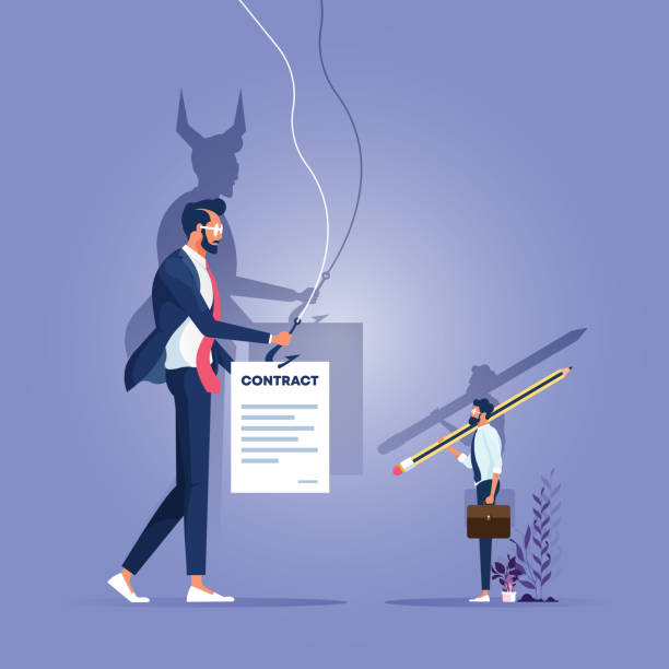 Businessman handling a contract to customer, his shadow showing a satan Businessman handling a contract to customer, his shadow showing a satan landlord stock illustrations