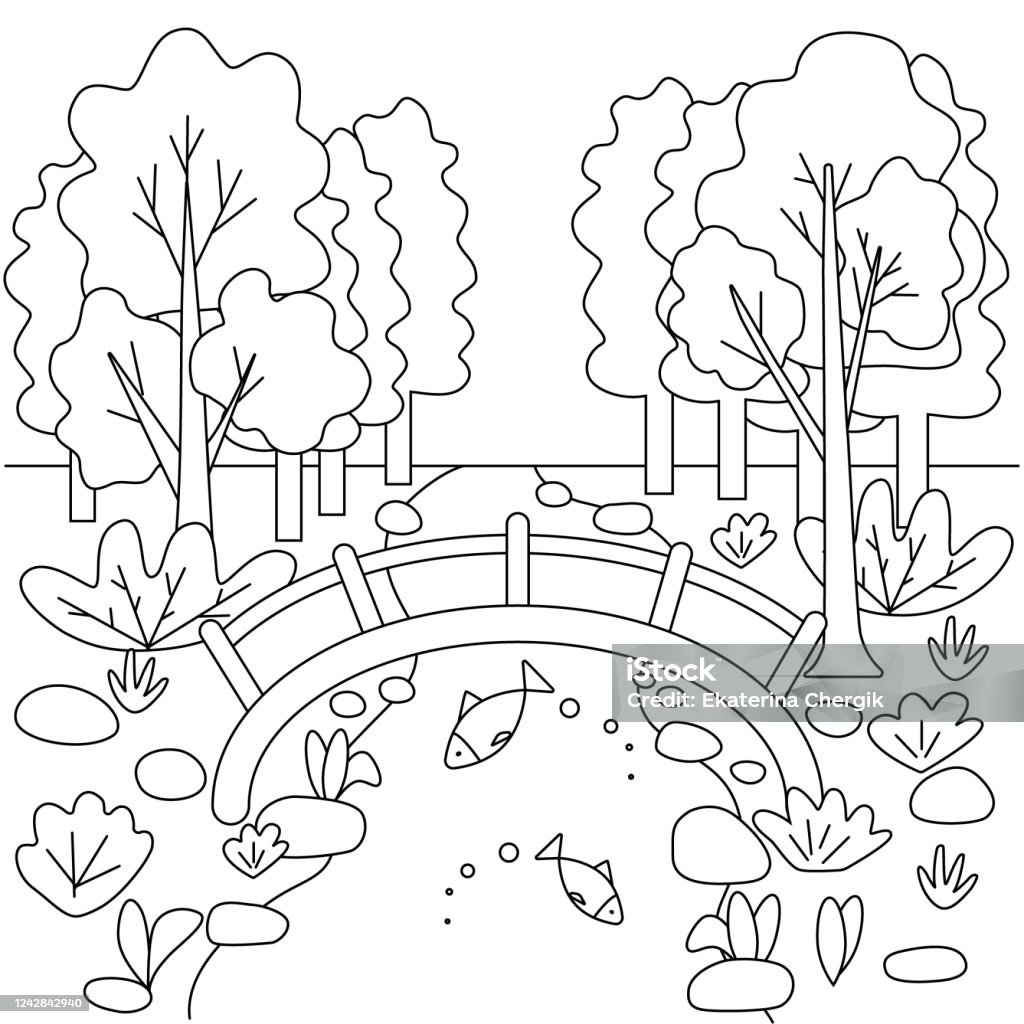 Cute Kids Coloring Book With Landscape Bridge River And Forest ...