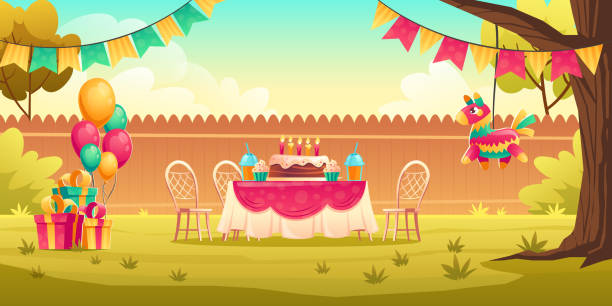 illustrazioni stock, clip art, cartoni animati e icone di tendenza di decorazione per feste di compleanno per bambini all'esterno - ribbon nobody cupcake celebration